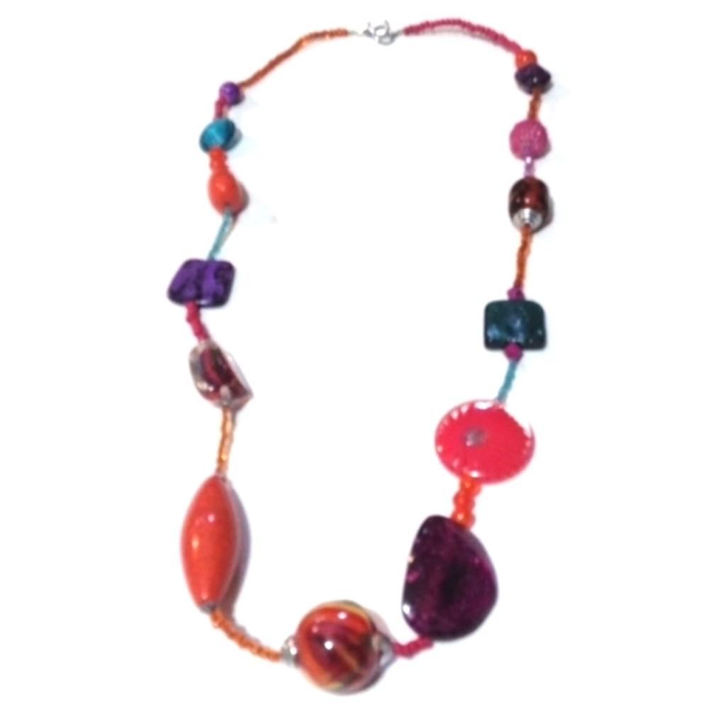 VINTAGE MULTICOLORED & MULTIBEADED LARGE STONES, BLOWN GLASS 36" NECKLACE
